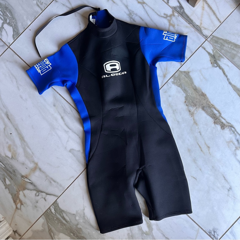 Aleeda Women's Swim One Piece Bodysuit Short Sleeve - Black and Blue